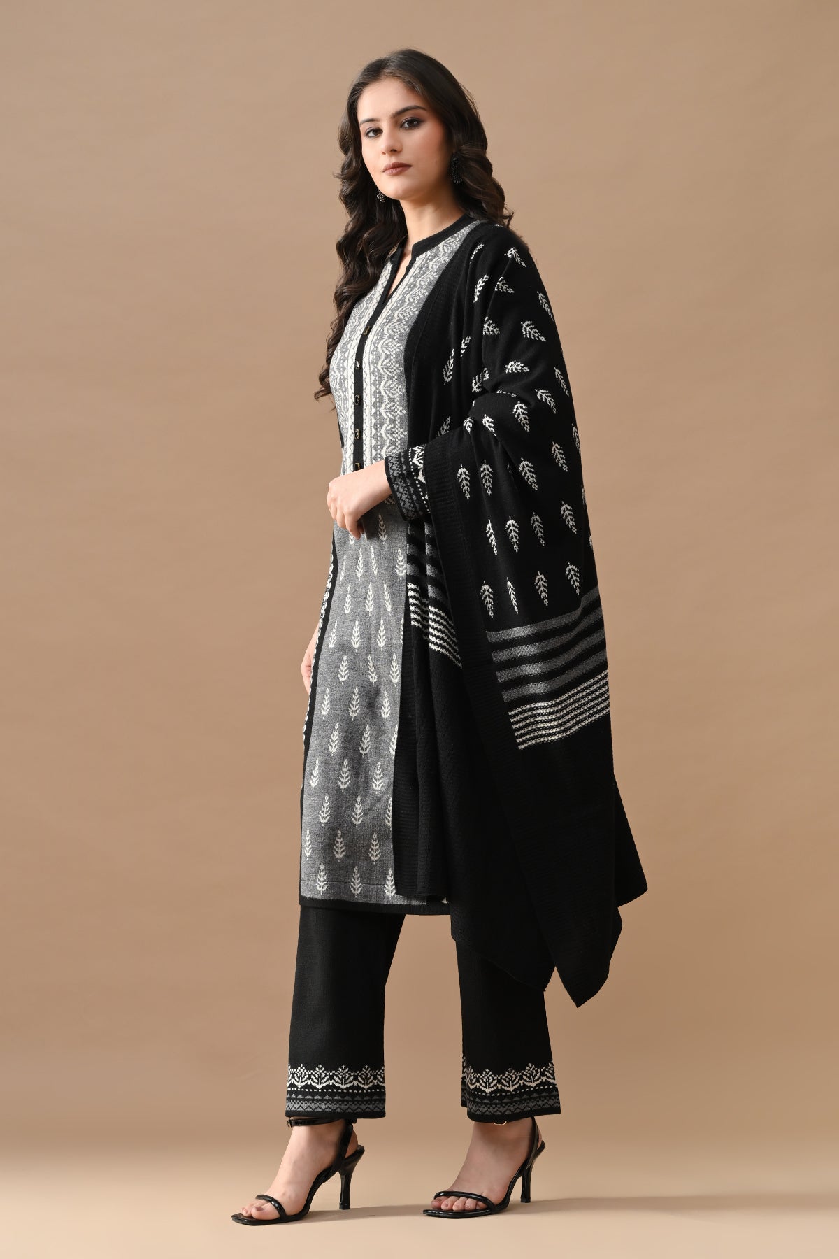 Winter Black Self Design Woven Kurta 3 Pcs Set