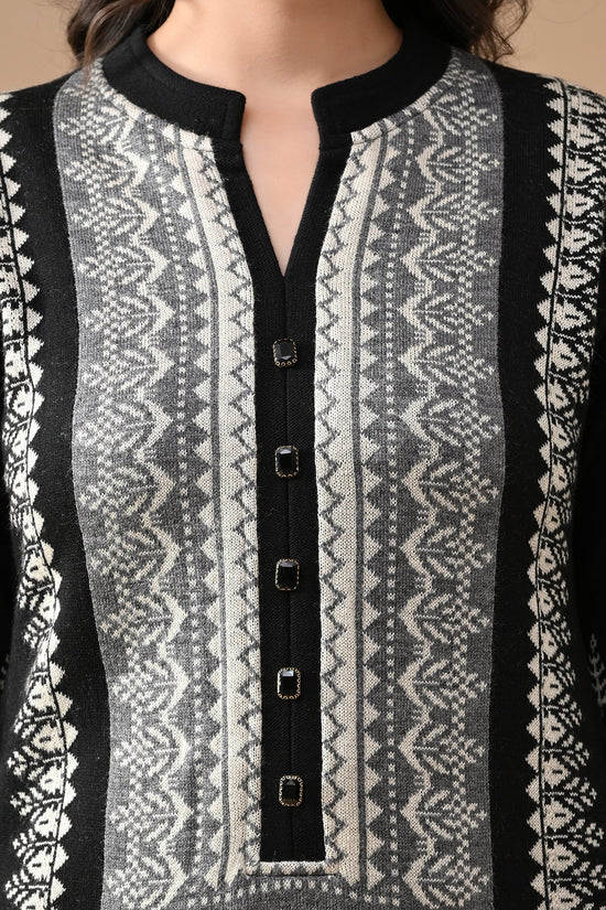 Winter Black Self Design Woven Kurta 3 Pcs Set