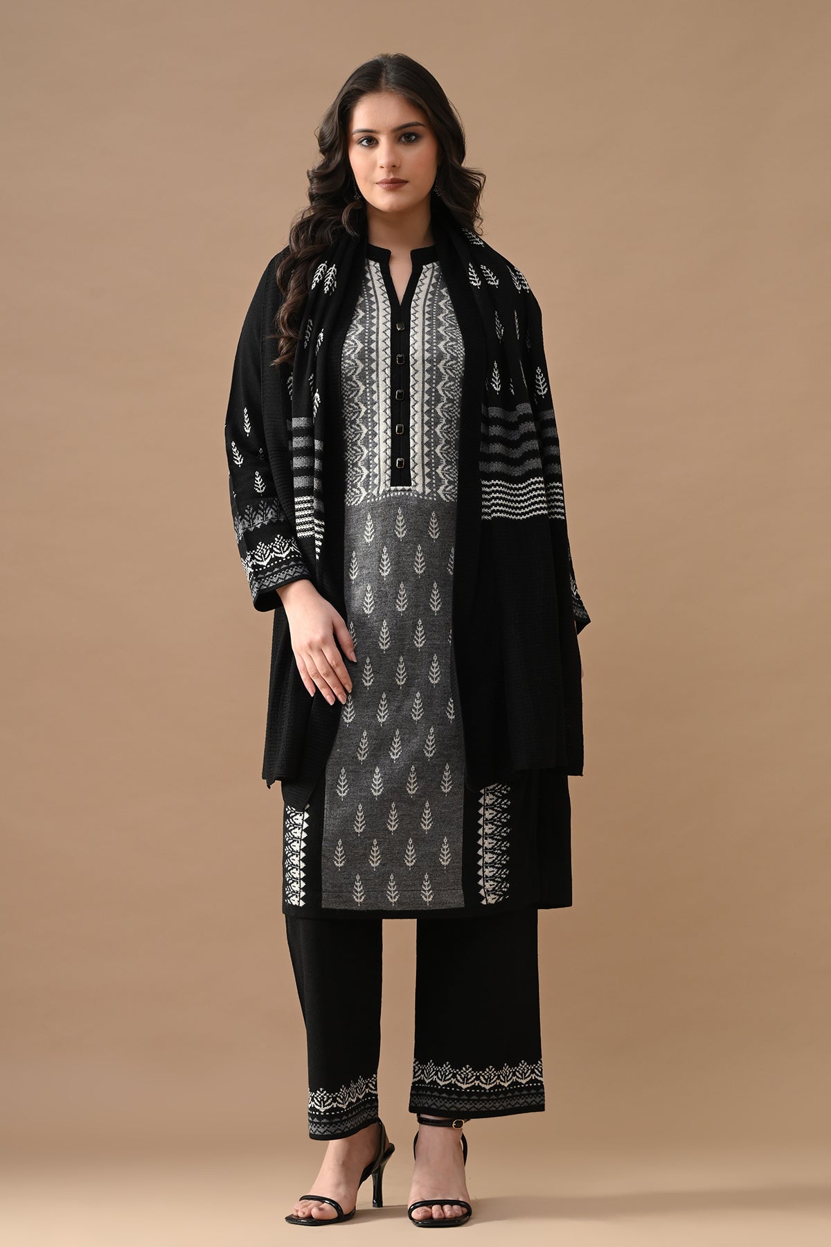 Winter Black Self Design Woven Kurta 3 Pcs Set