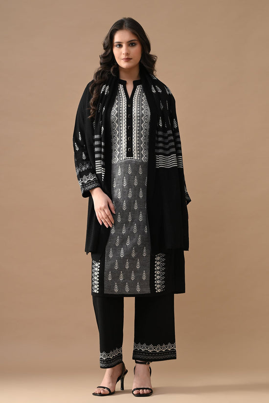 Winter Black Self Design Woven Kurta 3 Pcs Set