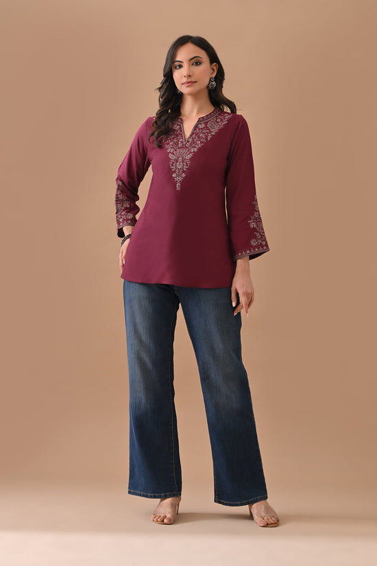 Wine Embroidered Straight Top