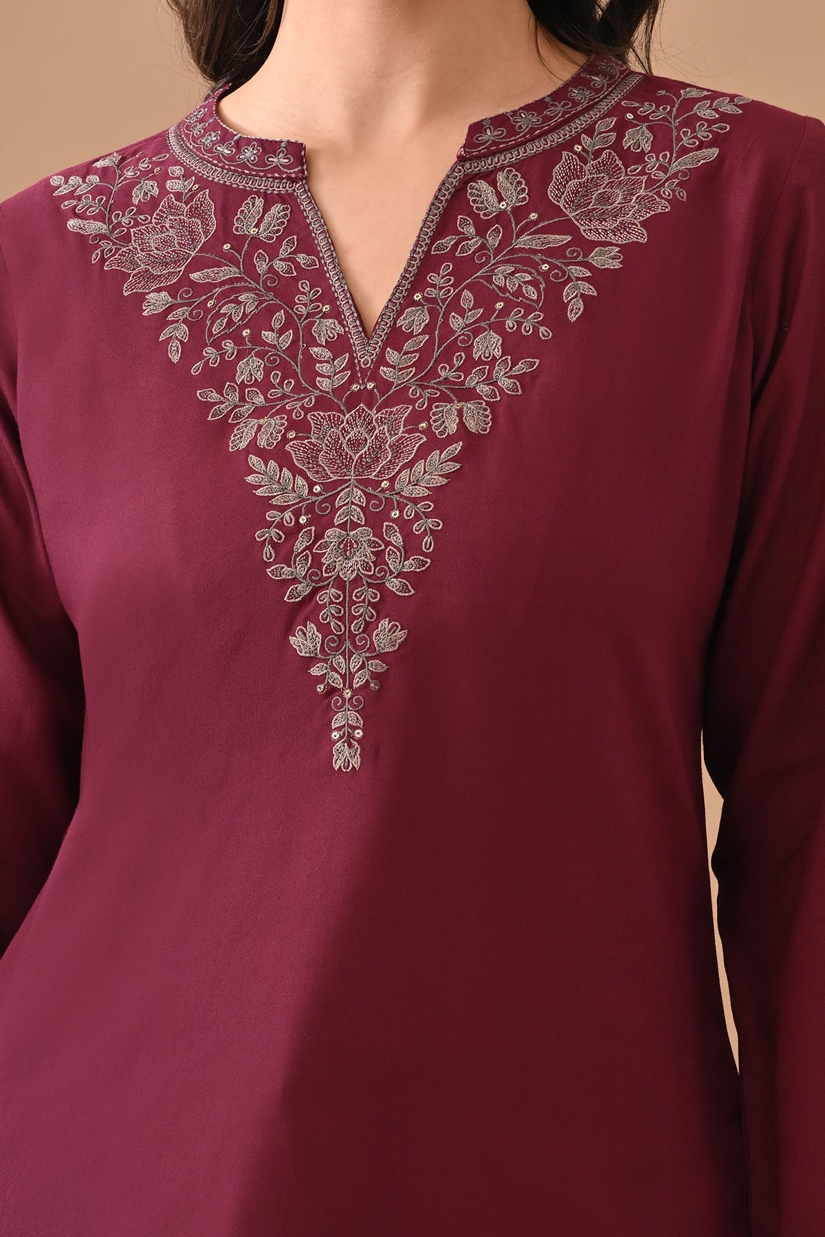 Wine Embroidered Straight Top