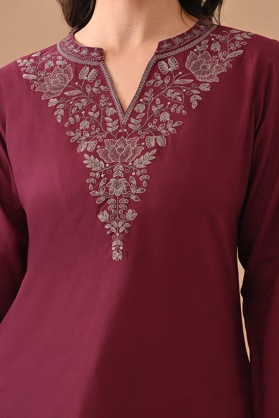 Wine Embroidered Straight Top