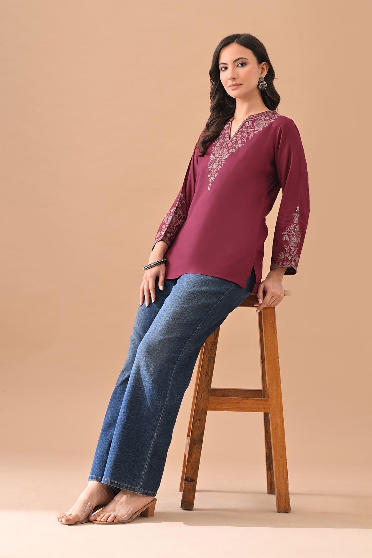 Wine Embroidered Straight Top