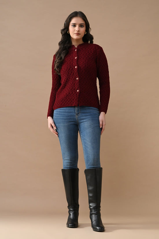 Winter Maroon Knitted Mandarin Collar Cardigan