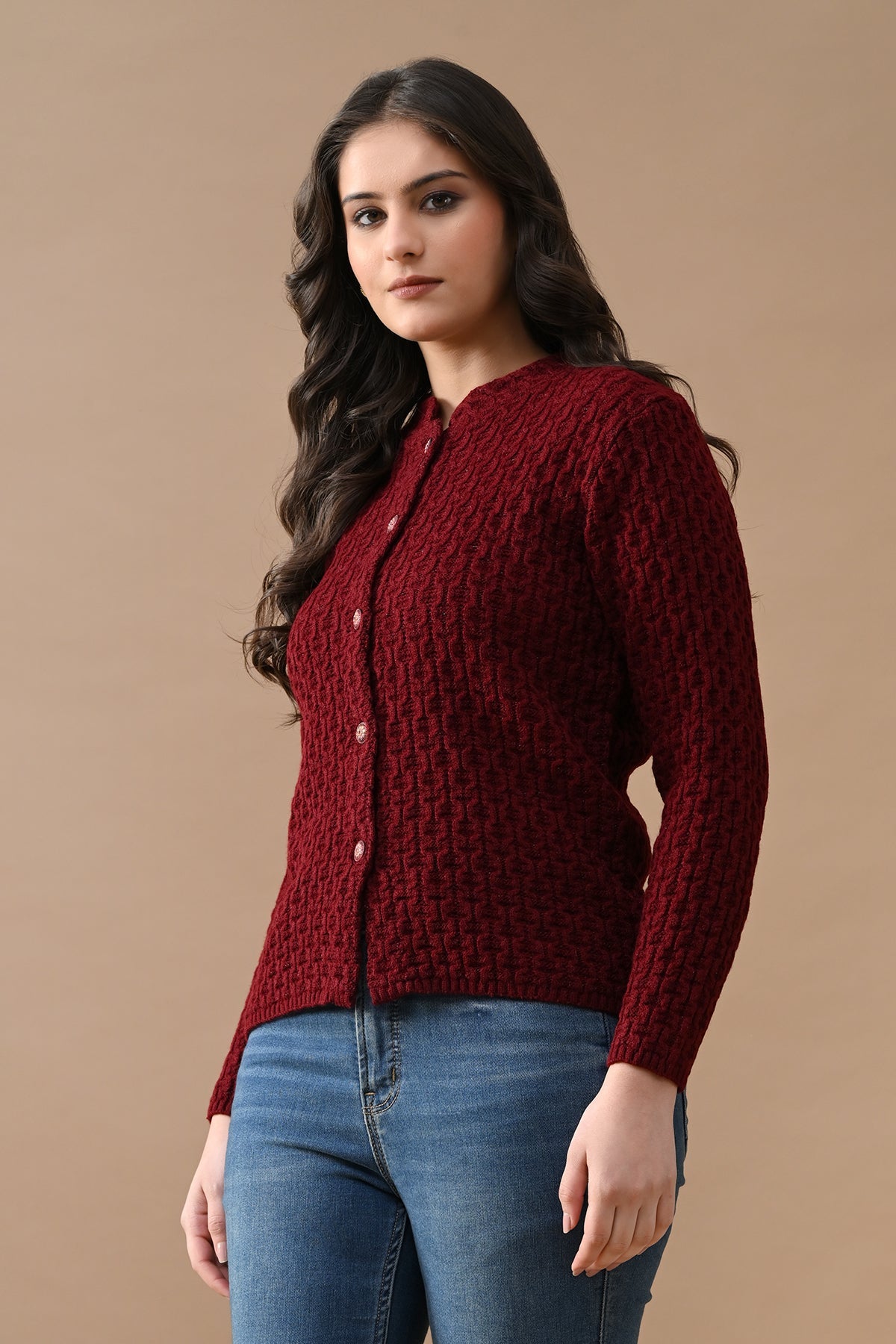 Winter Maroon Knitted Mandarin Collar Cardigan