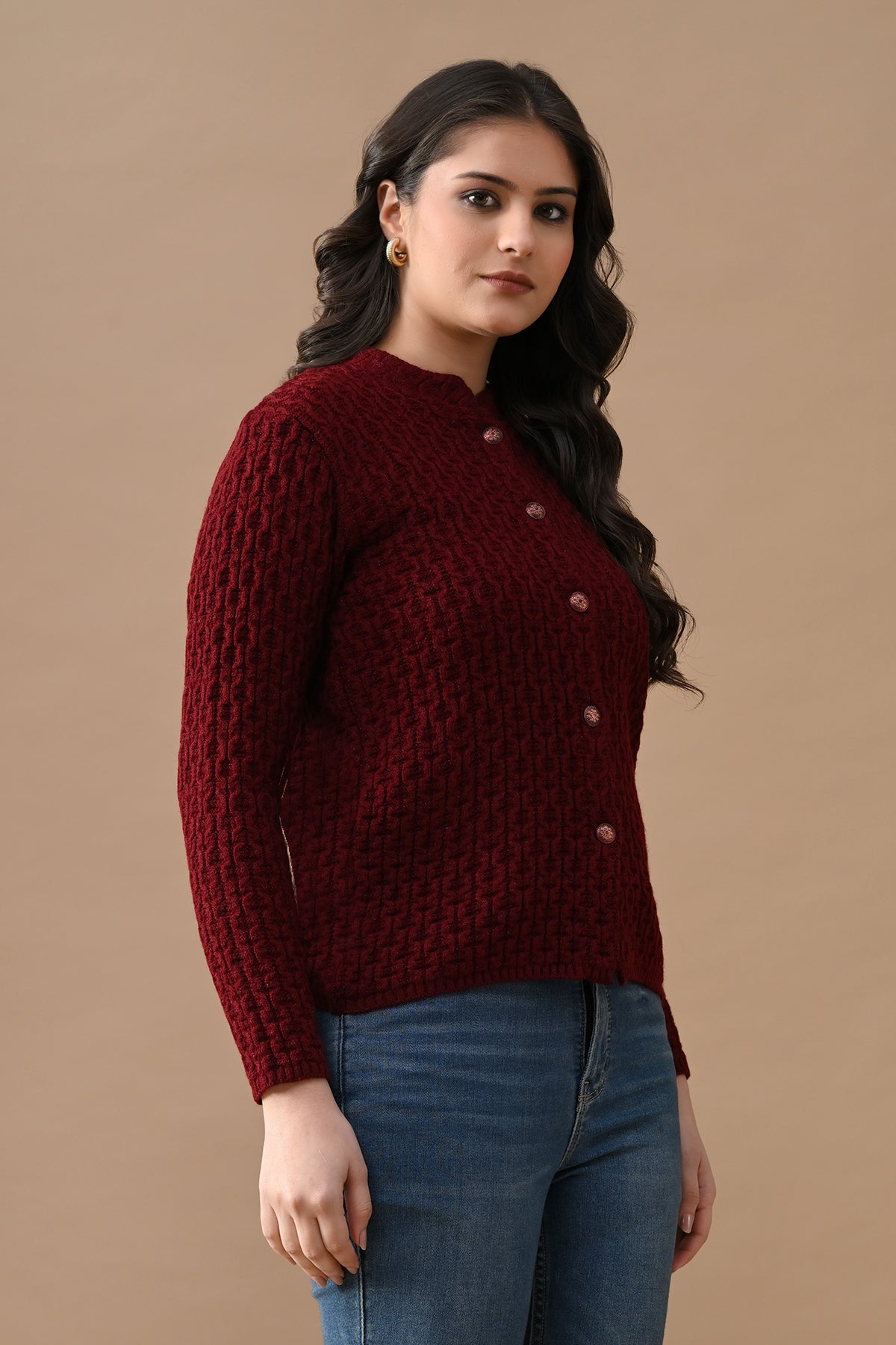 Winter Maroon Knitted Mandarin Collar Cardigan