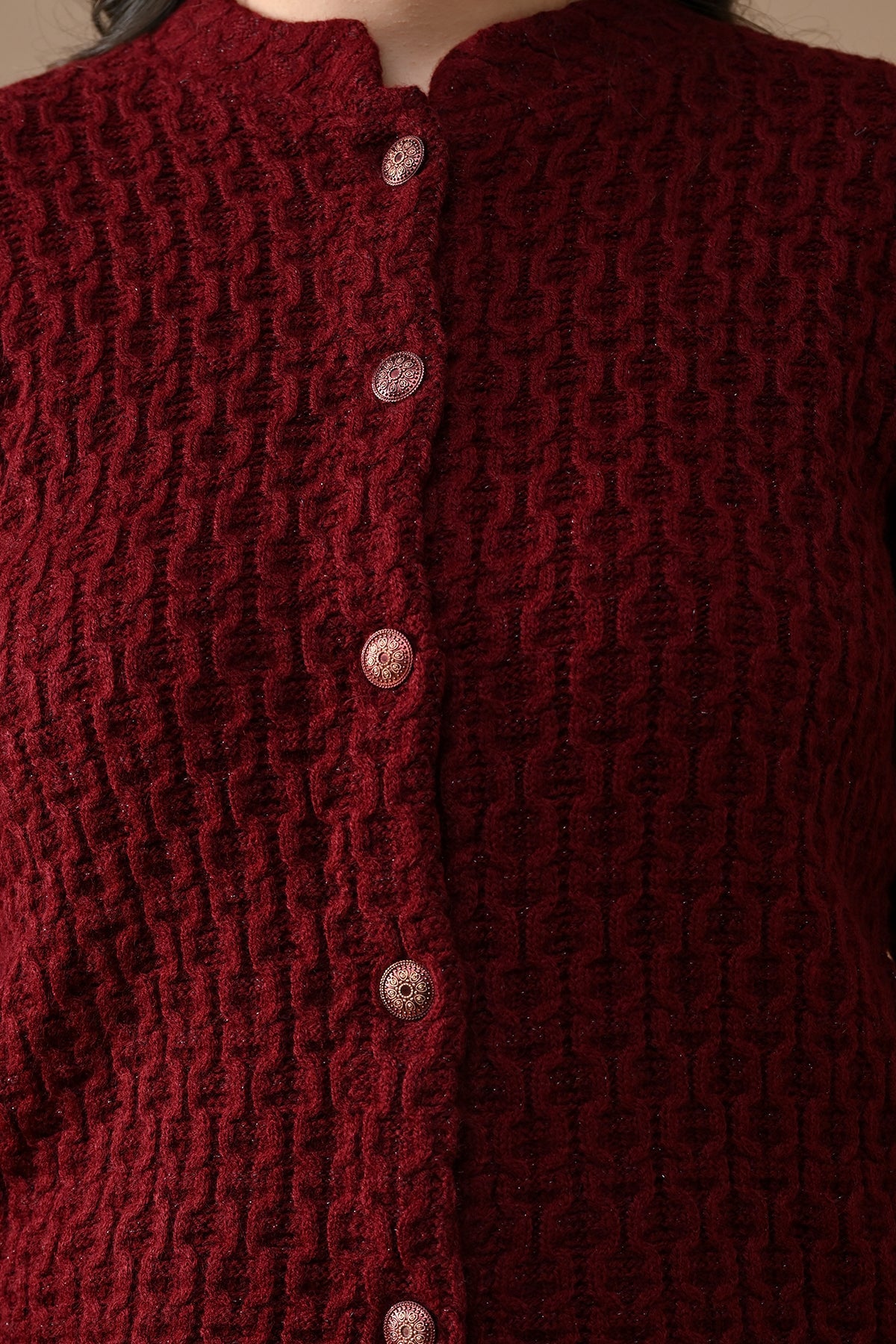 Winter Maroon Knitted Mandarin Collar Cardigan