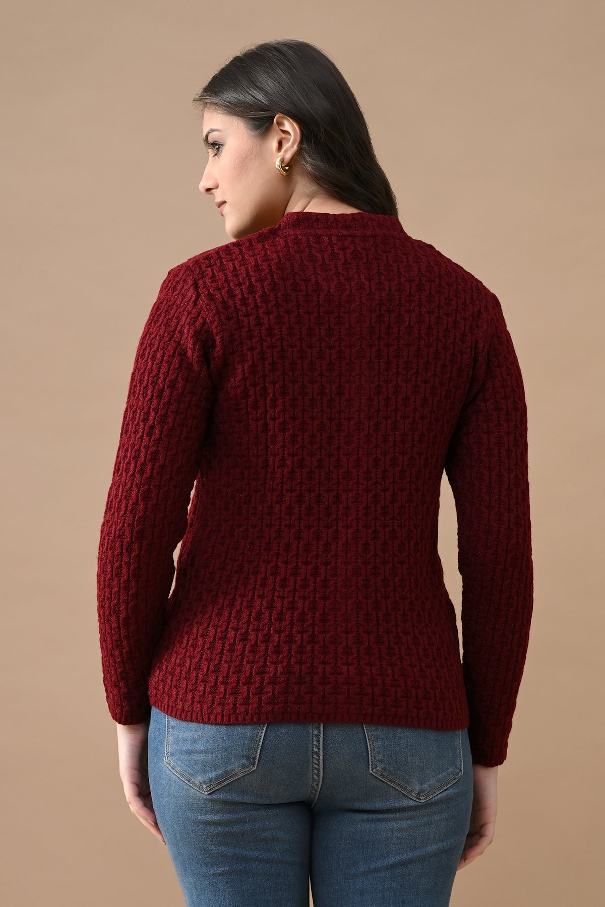 Winter Maroon Knitted Mandarin Collar Cardigan