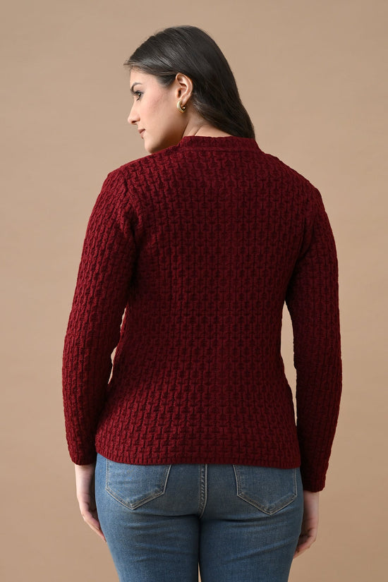 Winter Maroon Knitted Mandarin Collar Cardigan
