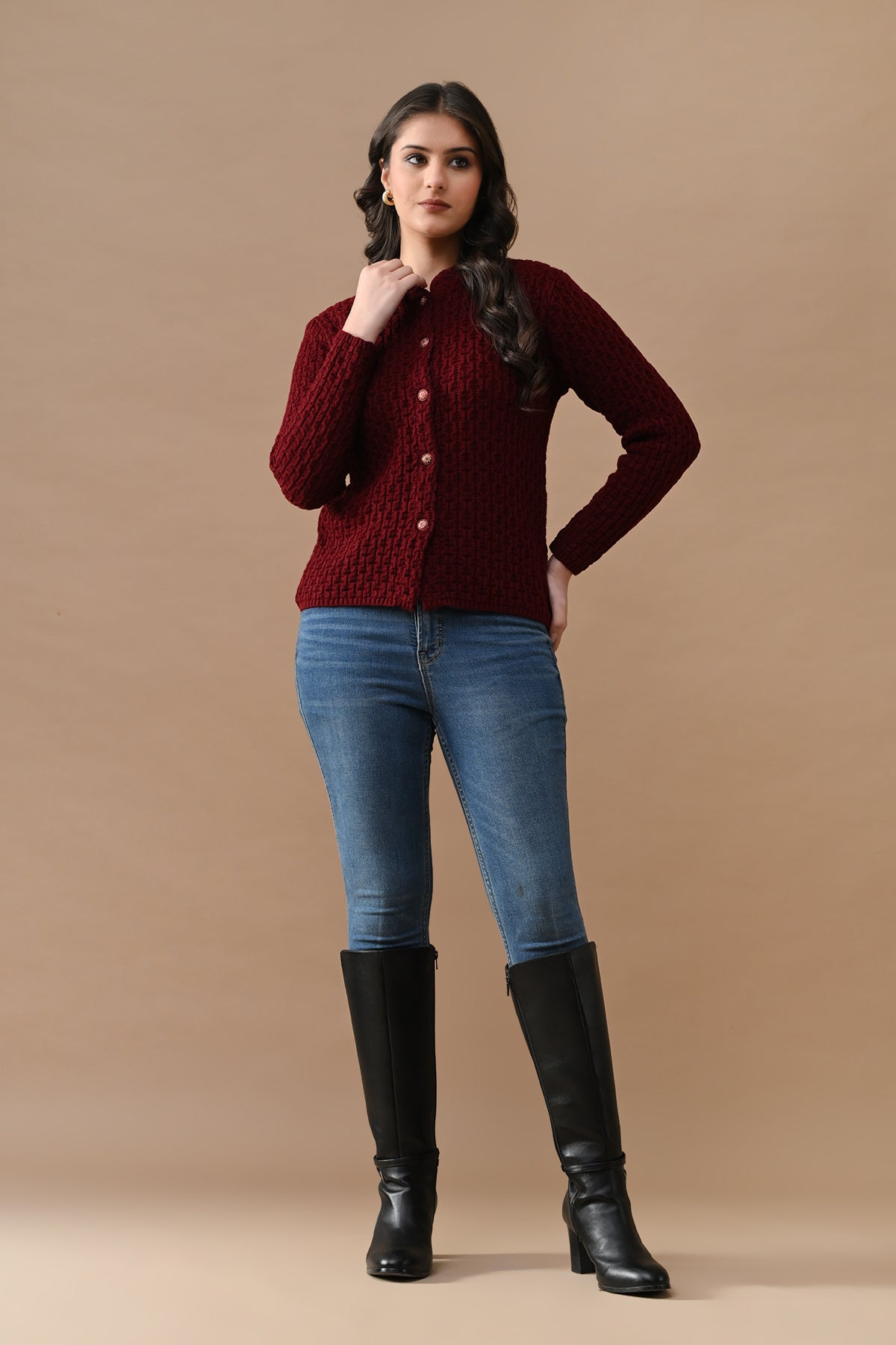 Winter Maroon Knitted Mandarin Collar Cardigan