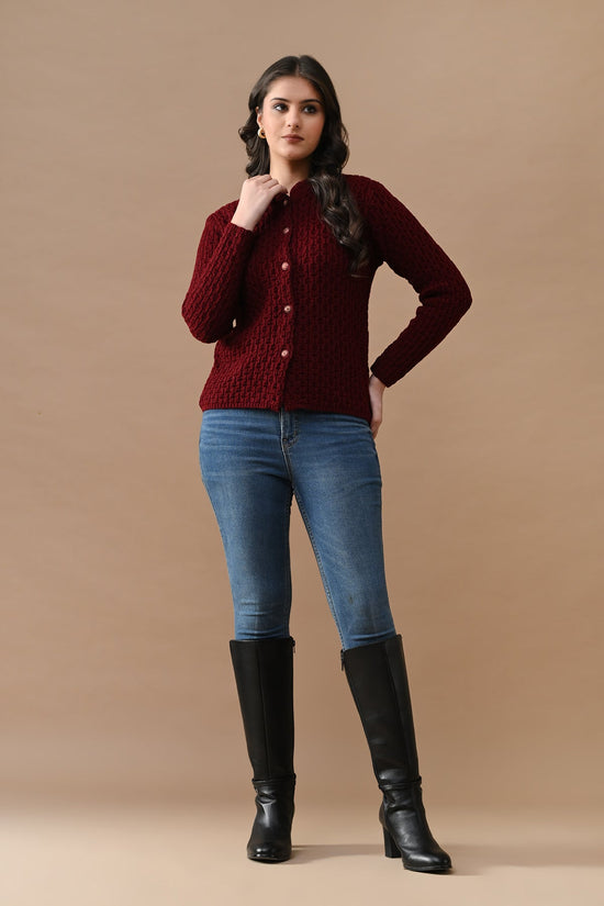 Winter Maroon Knitted Mandarin Collar Cardigan