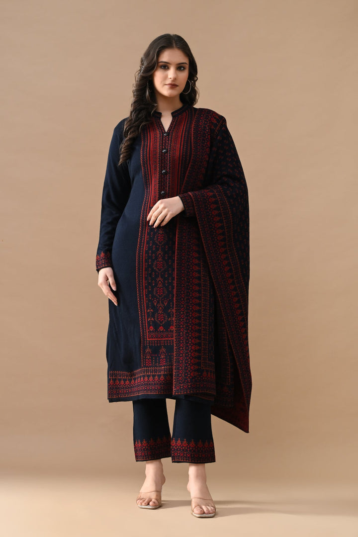 Winter Navy Blue Printed Woven Kurta Set (3 Piece)