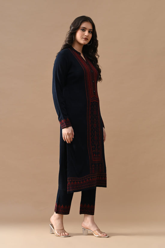 Winter Navy Blue Printed Woven Kurta 3 Pcs Set