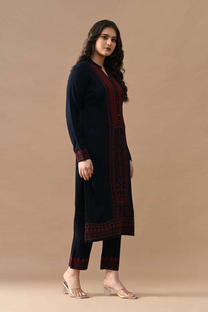 Winter Navy Blue Printed Woven Kurta Set (3 Piece)