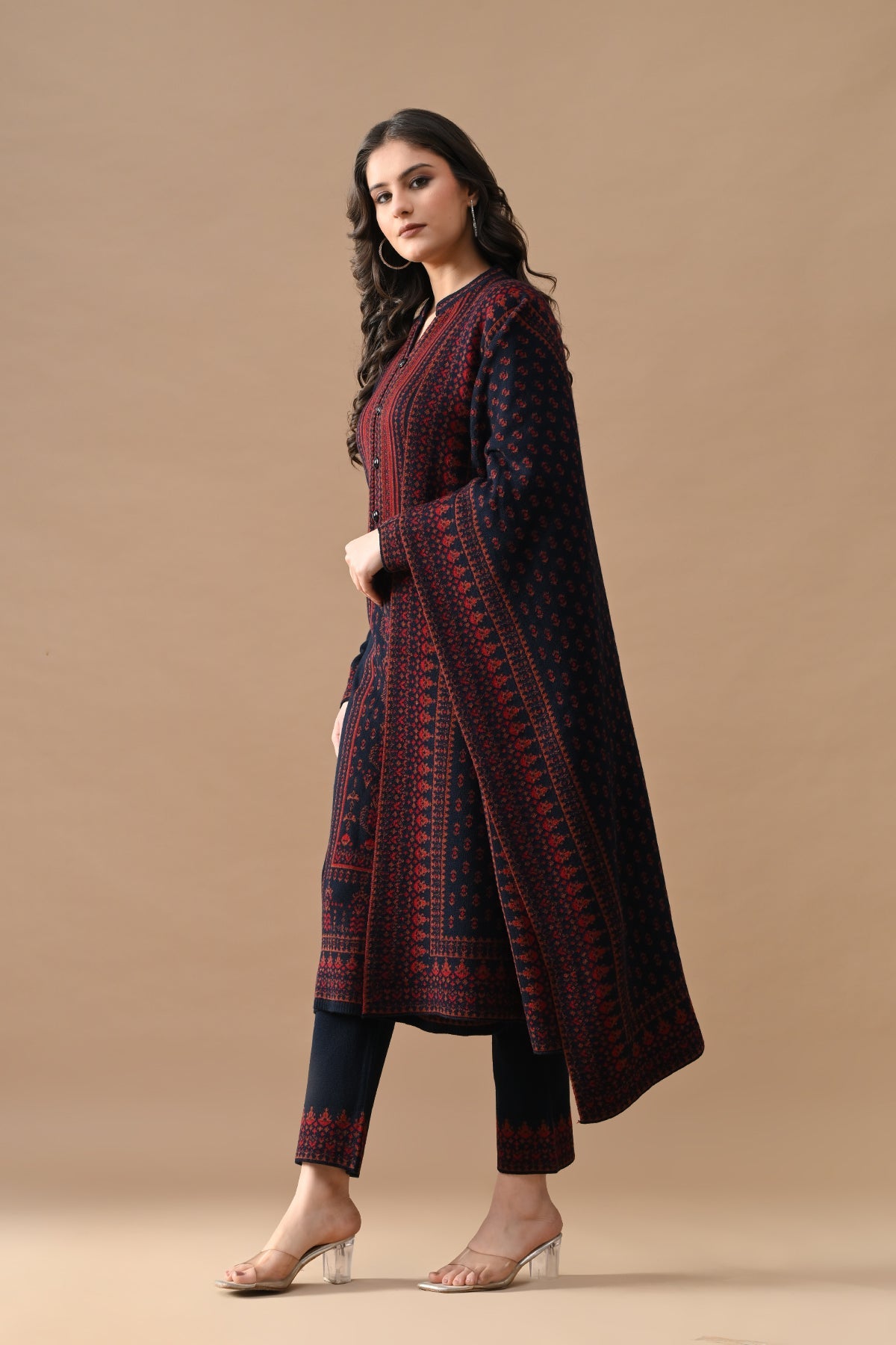 Winter Navy Blue Printed Woven Kurta 3 Pcs Set