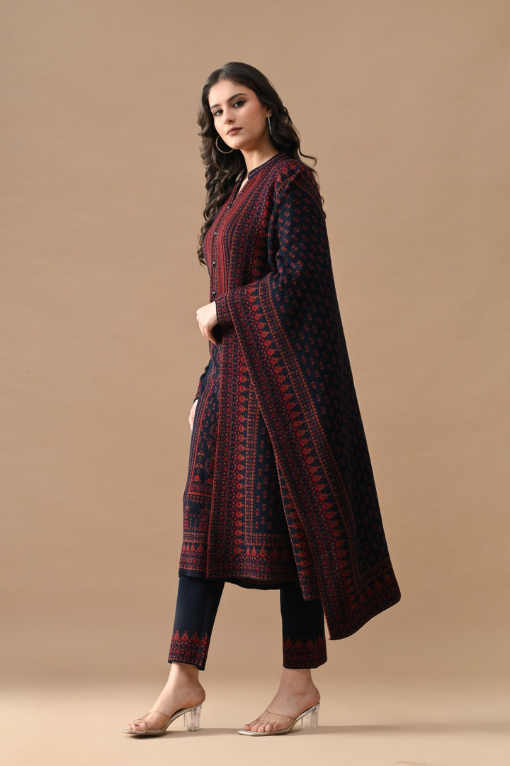 Winter Navy Blue Printed Woven Kurta Set (3 Piece)