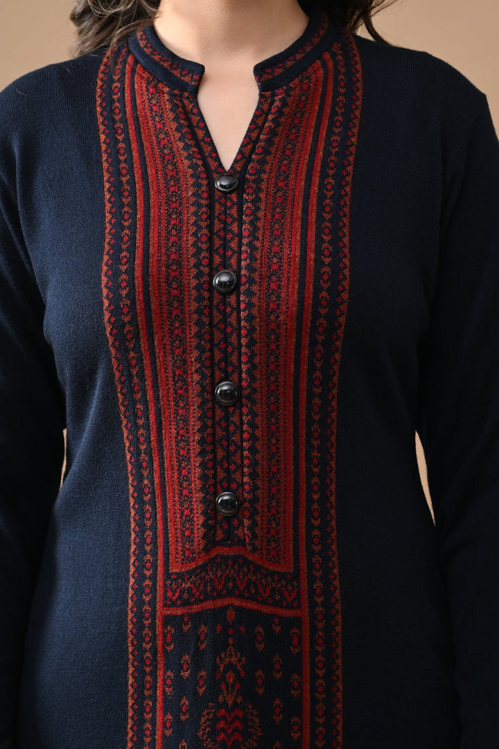 Winter Navy Blue Printed Woven Kurta Set (3 Piece)