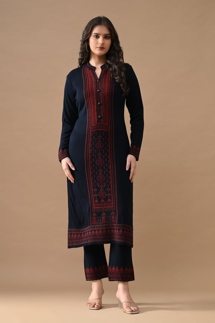 Winter Navy Blue Printed Woven Kurta Set (3 Piece)