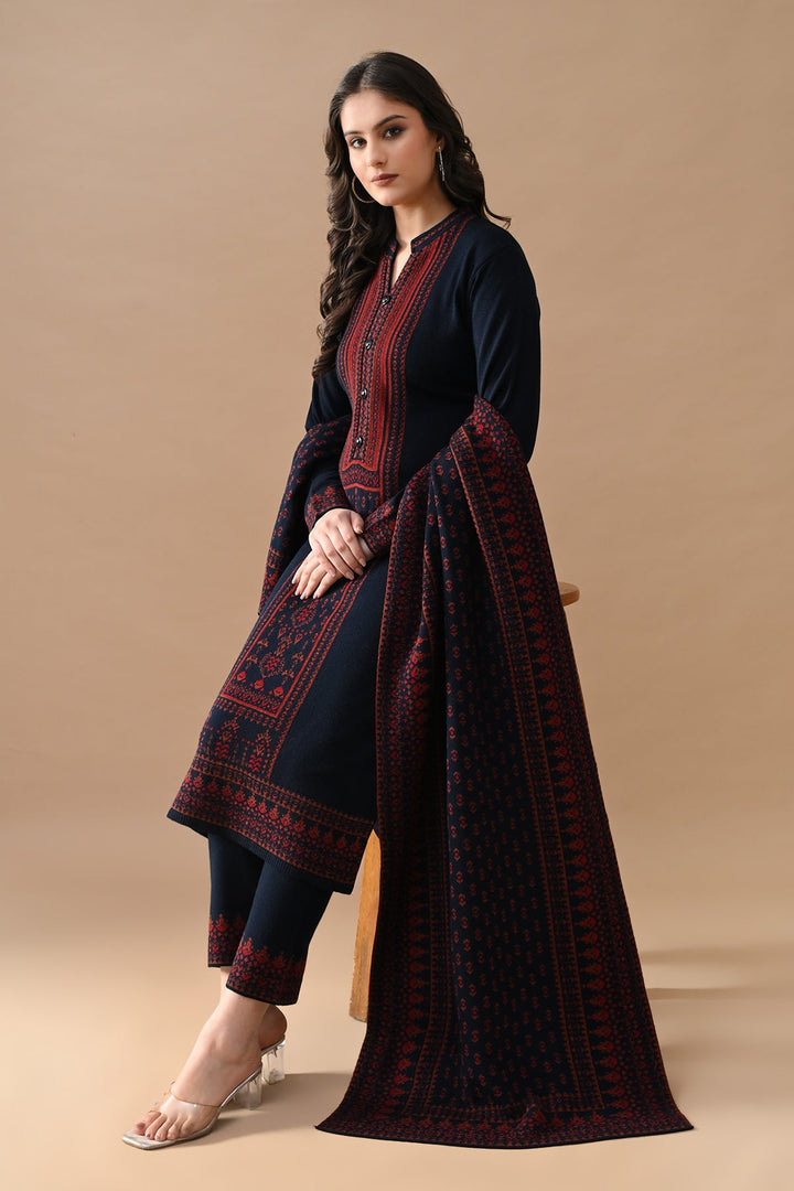 Winter Navy Blue Printed Woven Kurta Set (3 Piece)