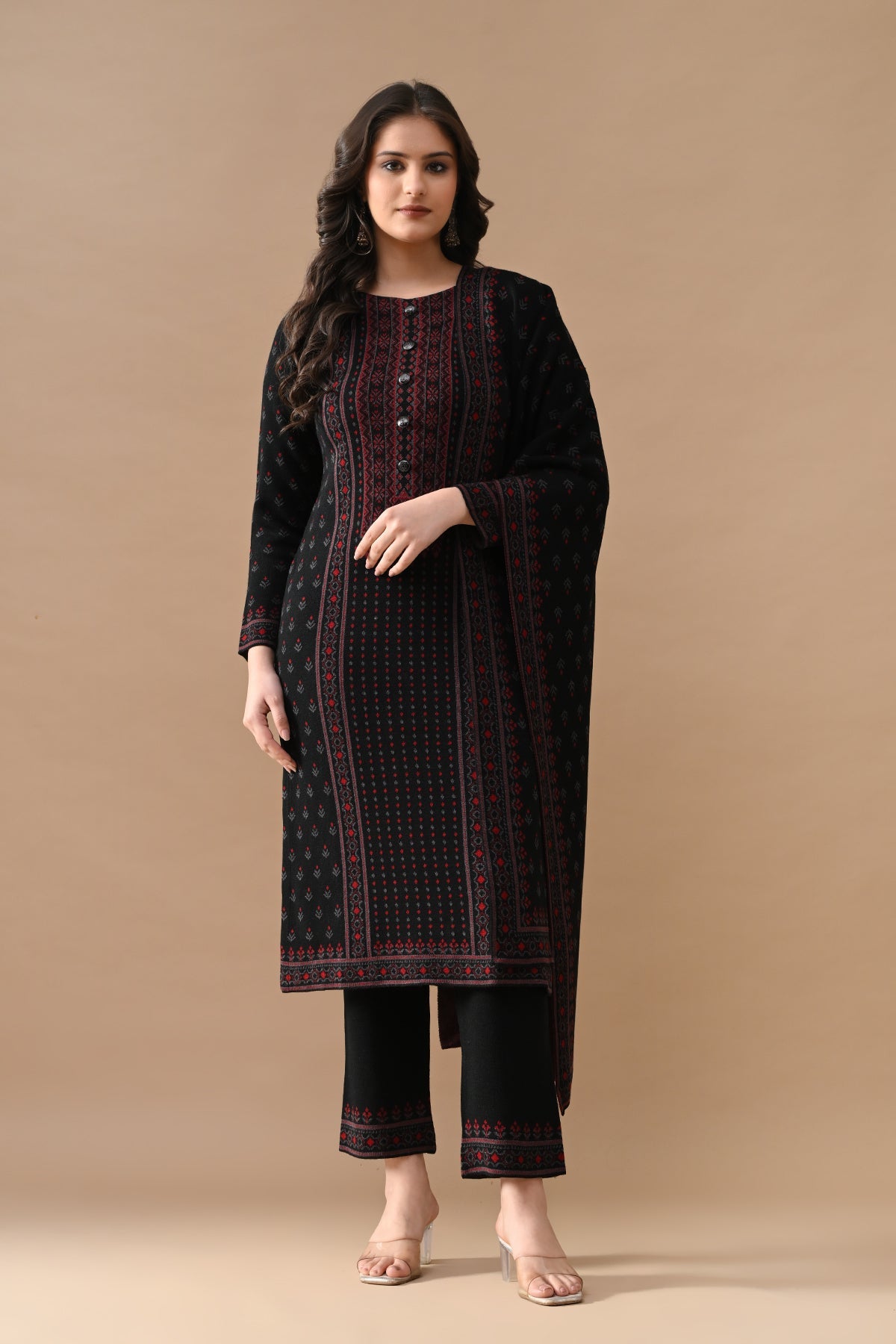 Winter Black Self Design Woven Kurta 3 Pcs Set