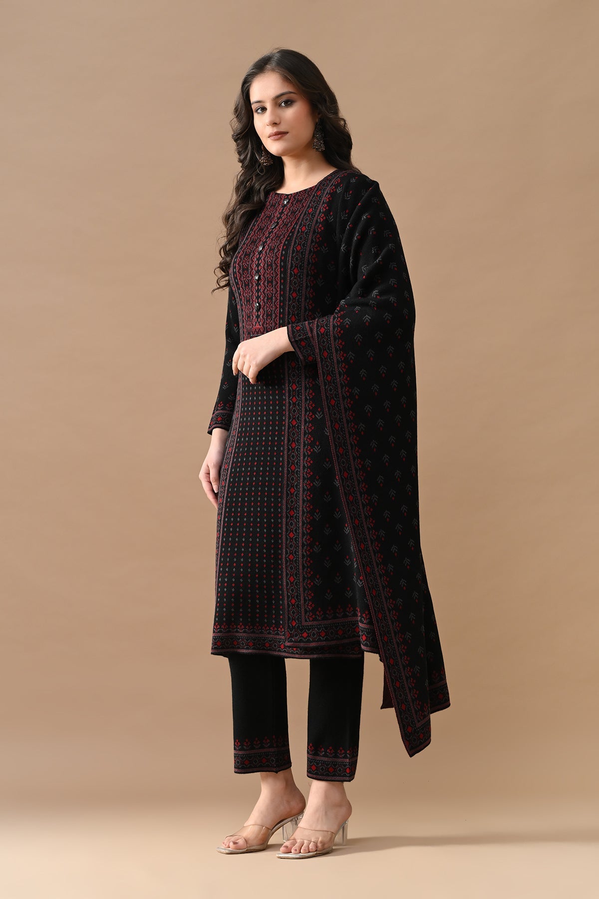 Winter Black Self Design Woven Kurta 3 Pcs Set