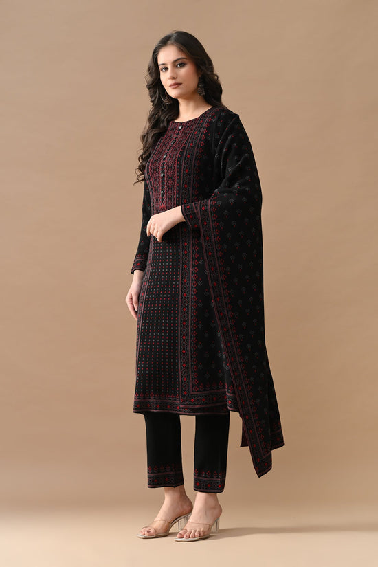 Winter Black Self Design Woven Kurta 3 Pcs Set