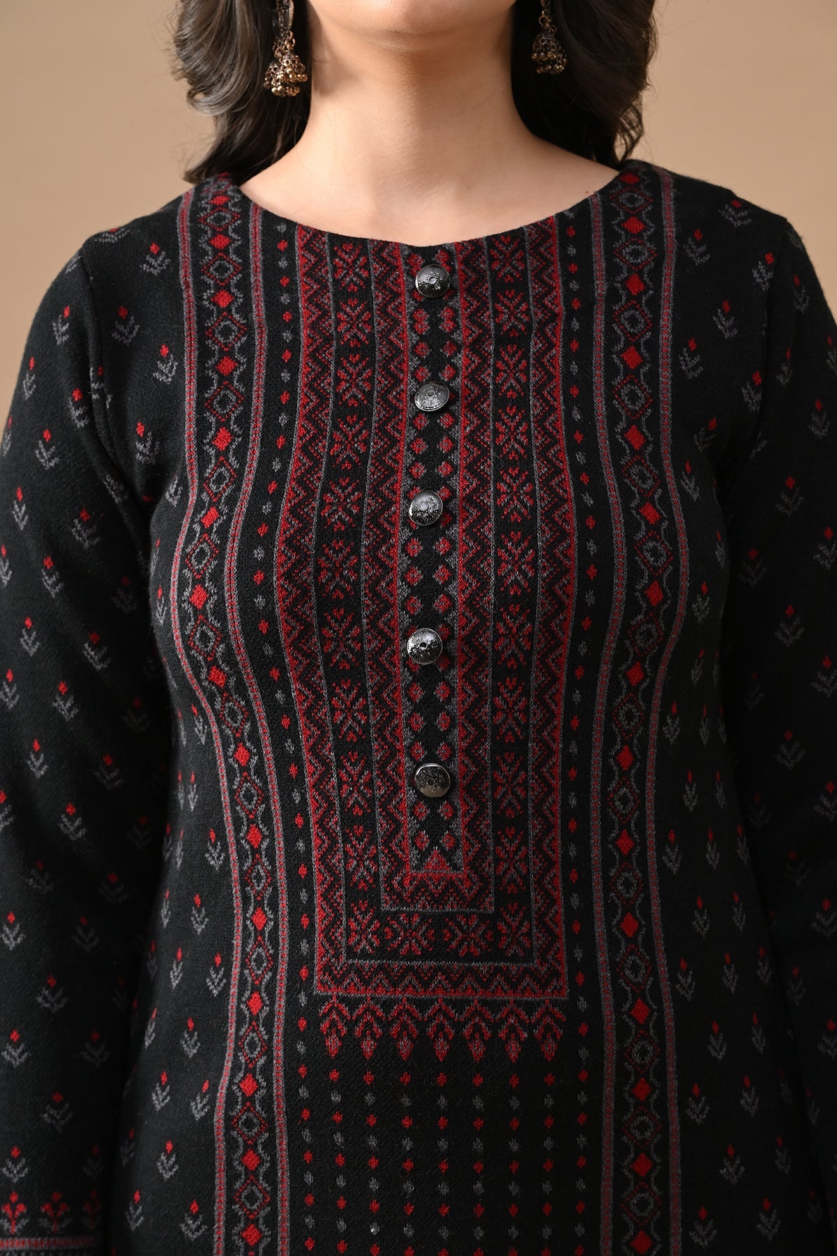 Winter Black Self Design Woven Kurta 3 Pcs Set