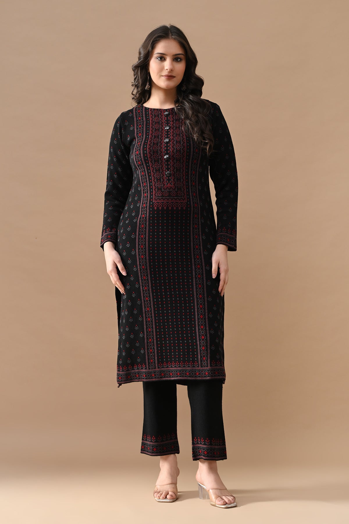Winter Black Self Design Woven Kurta 3 Pcs Set