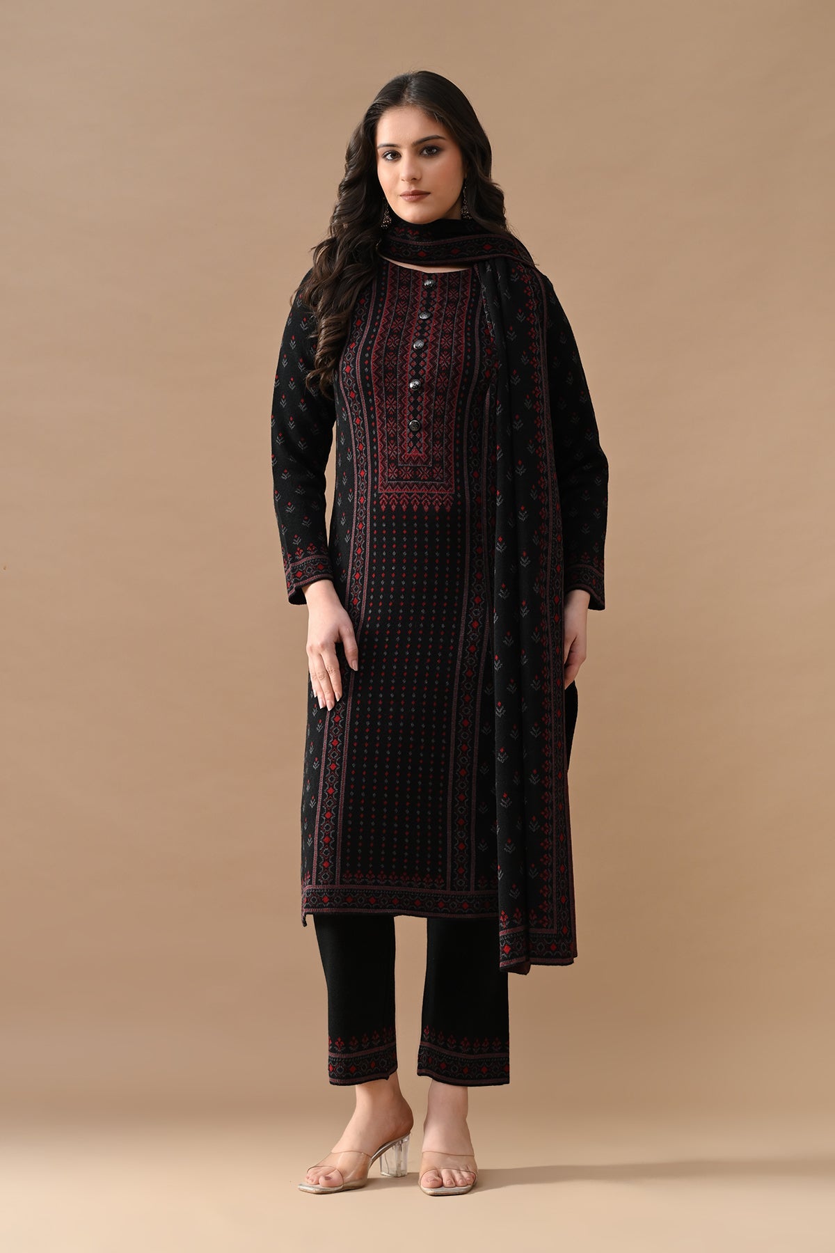 Winter Black Self Design Woven Kurta 3 Pcs Set