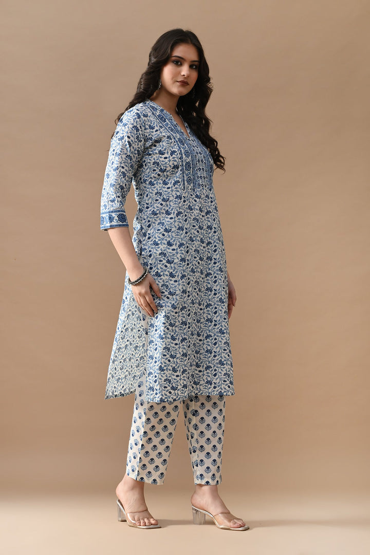 Cream Floral Printed Kurta Set (2 Piece)