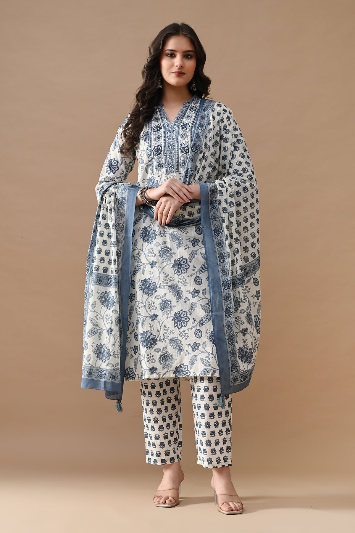 White Printed Kurta 3 Pcs Set