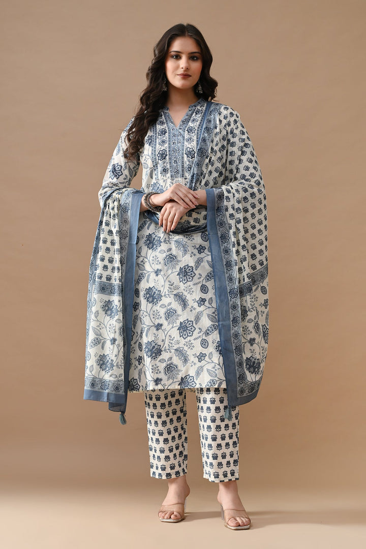 White Printed Kurta Set (3 Piece)