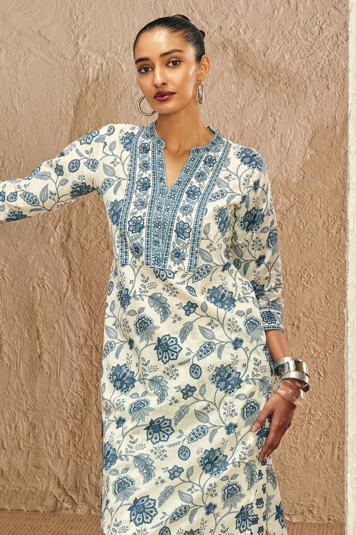 White Printed Kurta Set (3 Piece)