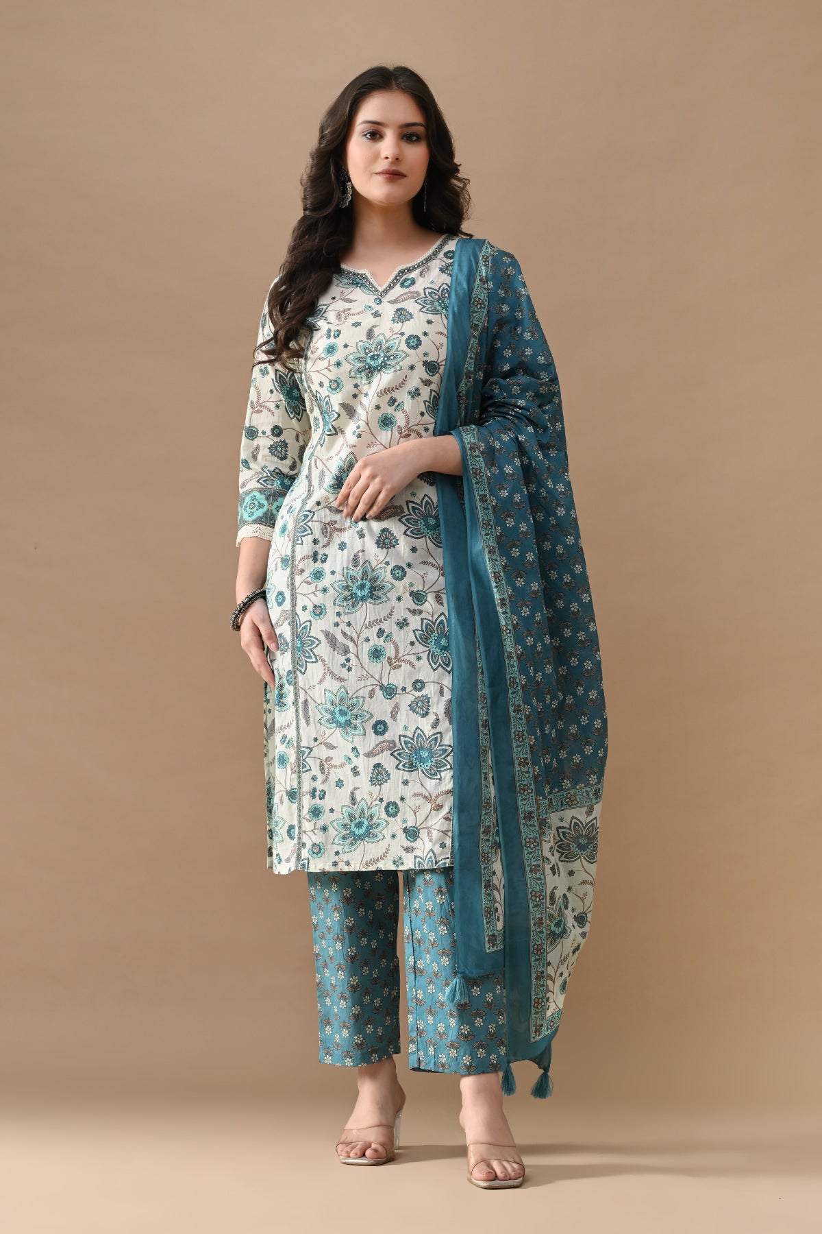 Cream Floral Printed Kurta 3 Pcs Set