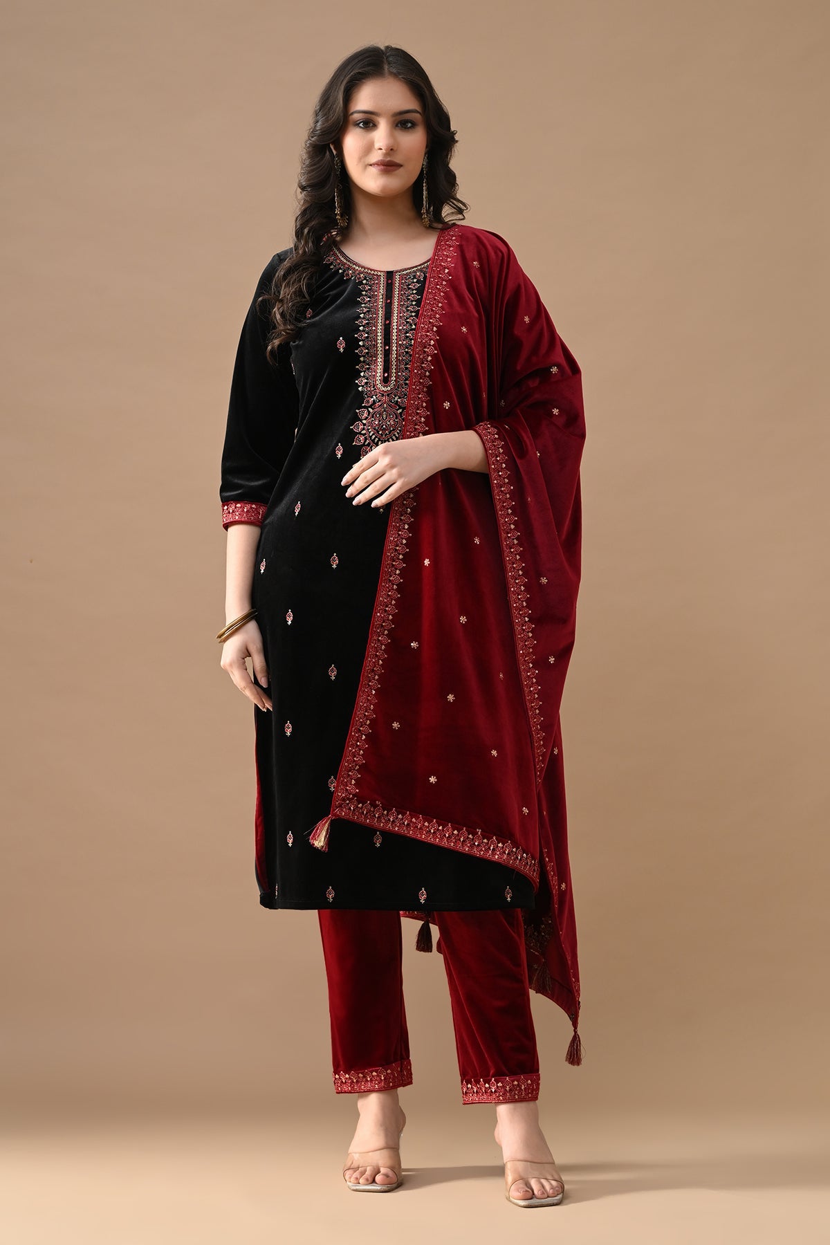 Black Embroidered Velvet Kurta 3 Pcs Set