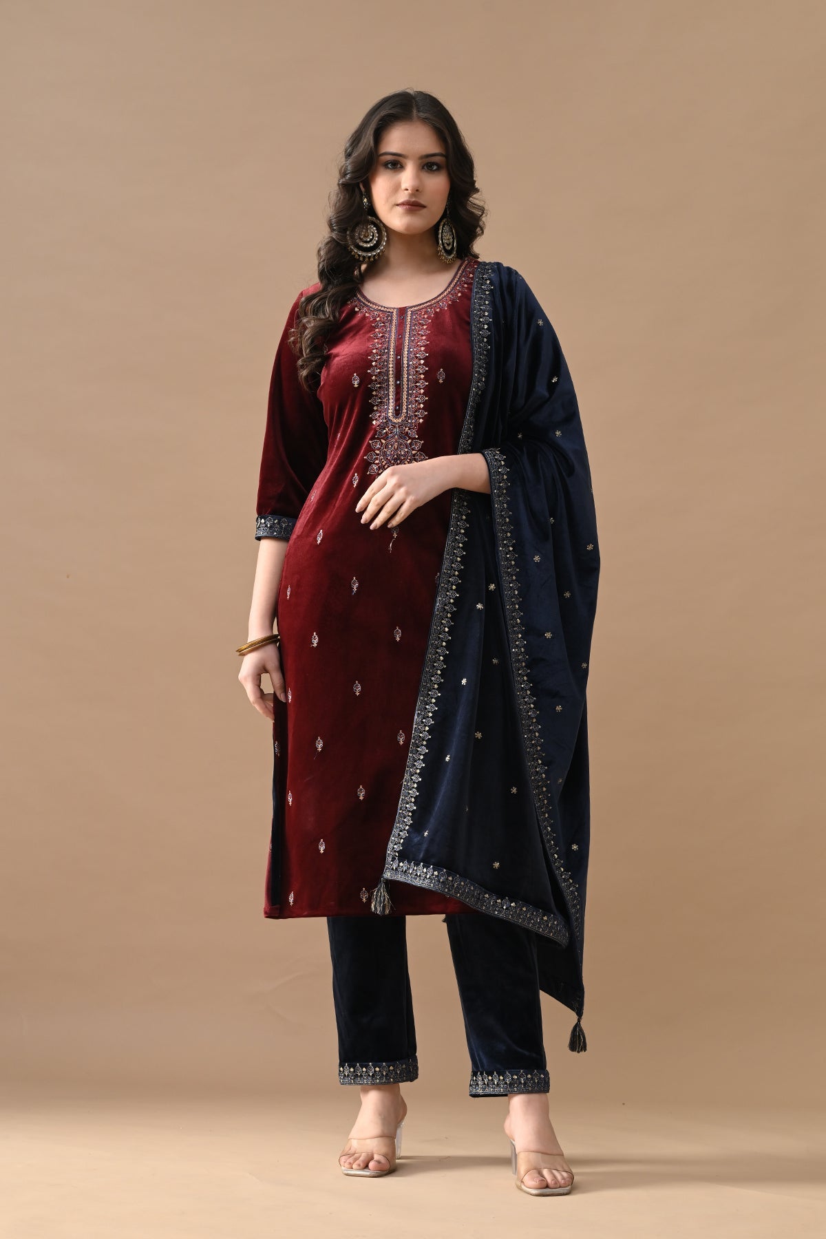 Maroon Zari Embroidered Velvet Kurta Set