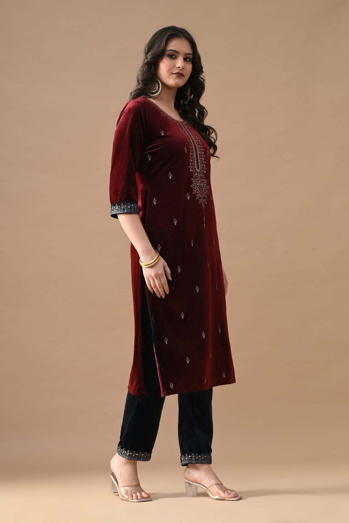 Maroon Zari Embroidered Kurta 3 Pcs Set