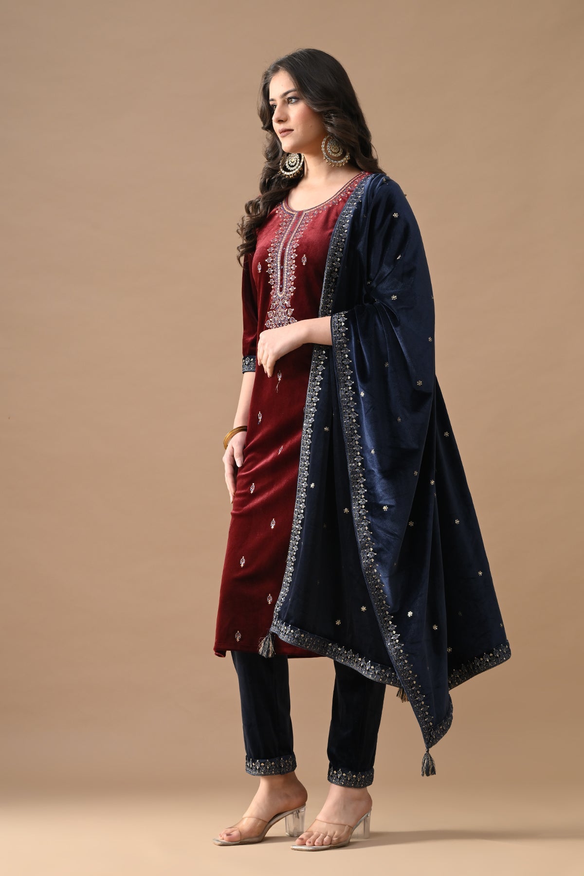 Maroon Zari Embroidered Kurta 3 Pcs Set