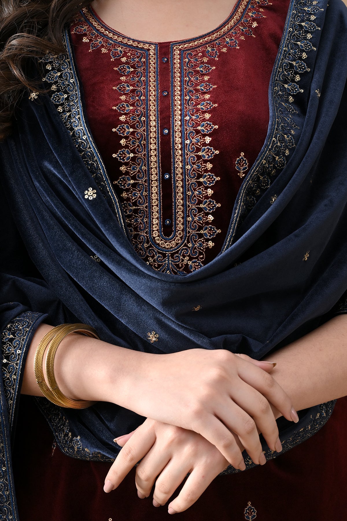 Maroon Zari Embroidered Kurta 3 Pcs Set