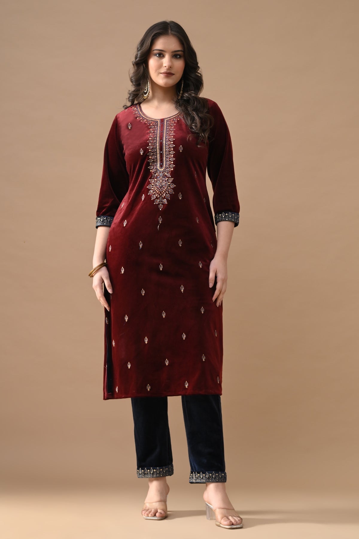 Maroon Zari Embroidered Kurta 3 Pcs Set