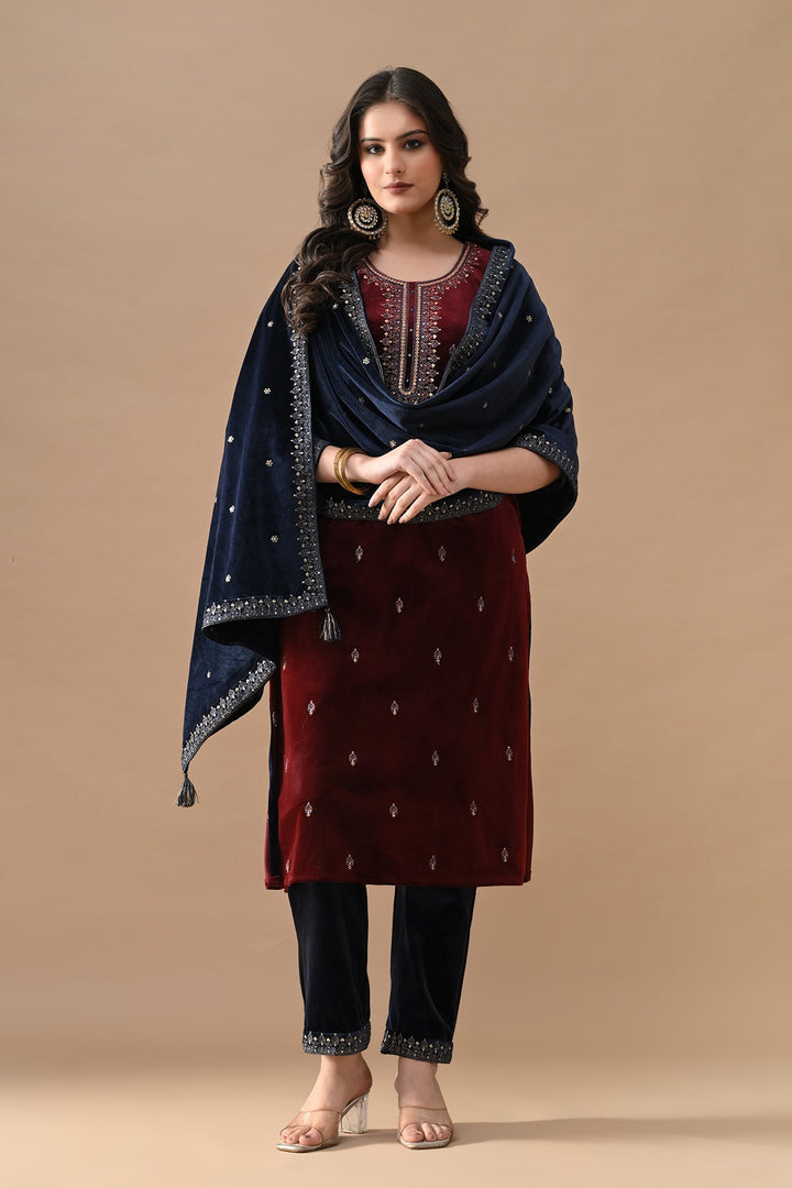 Maroon Zari Embroidered Kurta Set (3 Piece)