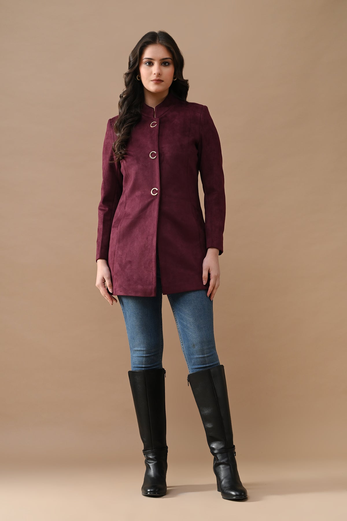 Winter Maroon Mandarin Collar Neck Overcoat
