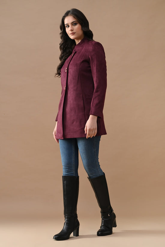 Winter Maroon Mandarin Collar Neck Overcoat