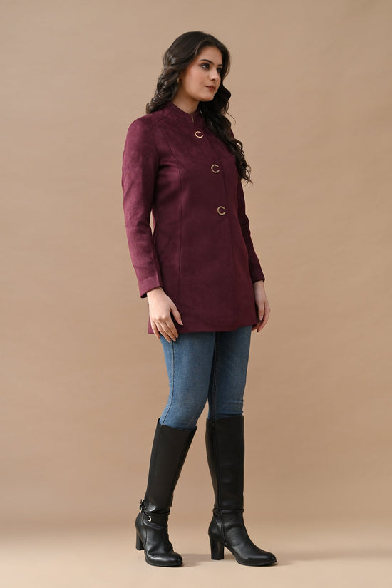Winter Maroon Mandarin Collar Neck Overcoat