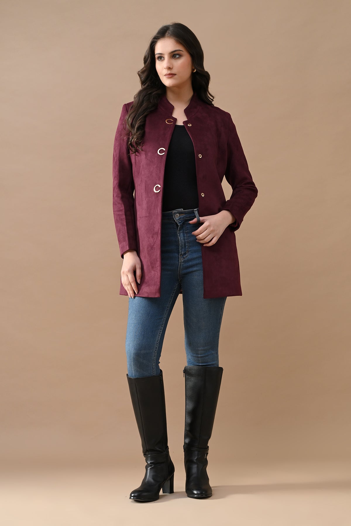 Winter Maroon Mandarin Collar Neck Overcoat