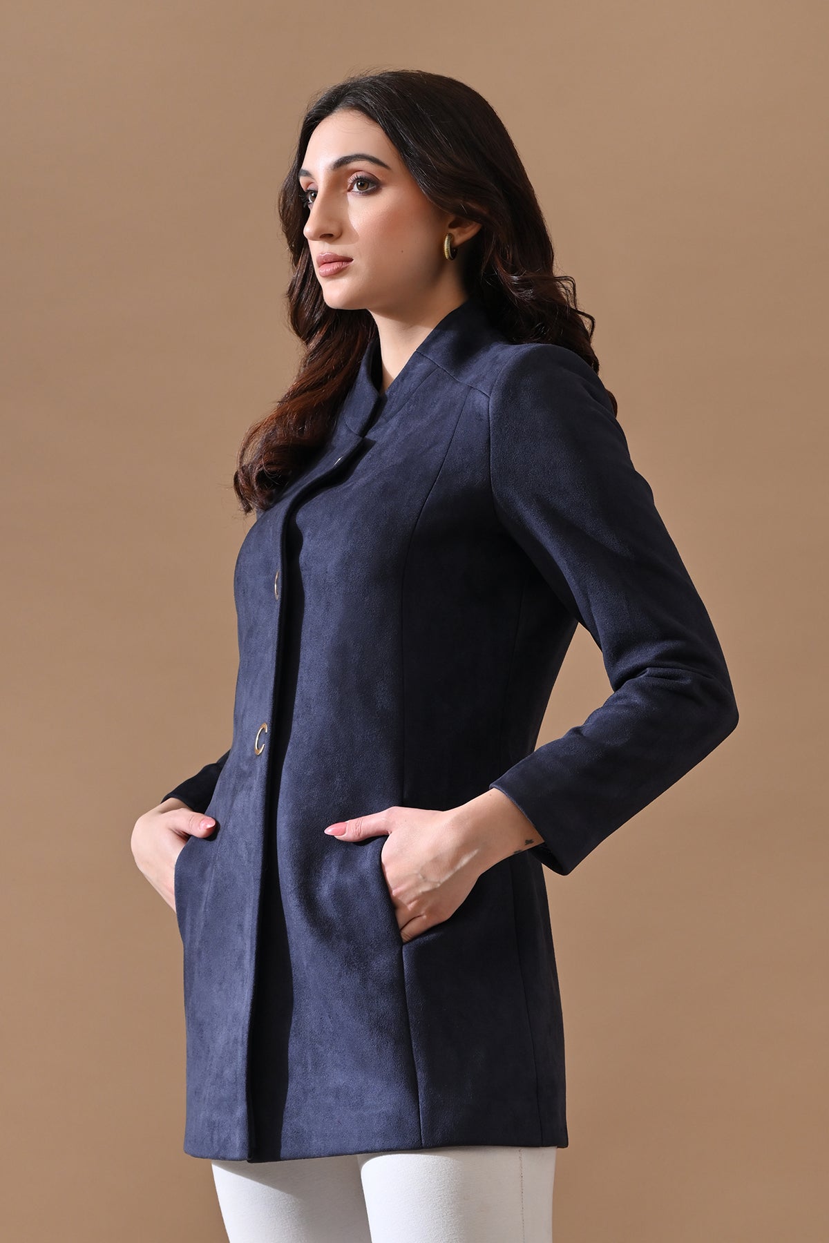 Winter Navy Blue Mandarin Collar Neck Overcoat