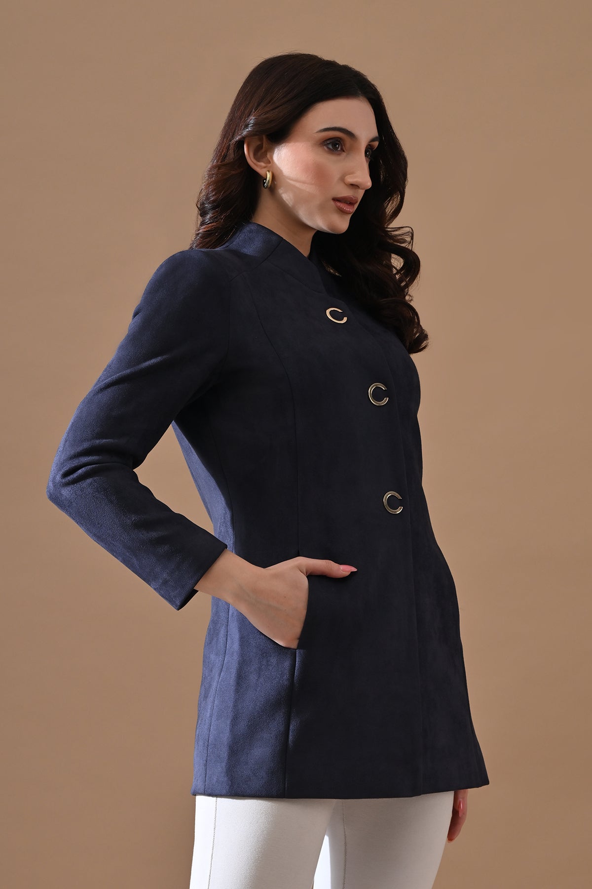 Winter Navy Blue Mandarin Collar Neck Overcoat