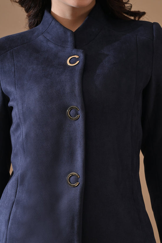 Winter Navy Blue Mandarin Collar Neck Overcoat