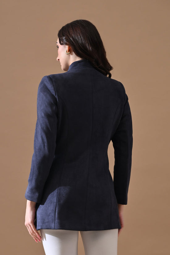Winter Navy Blue Mandarin Collar Neck Overcoat